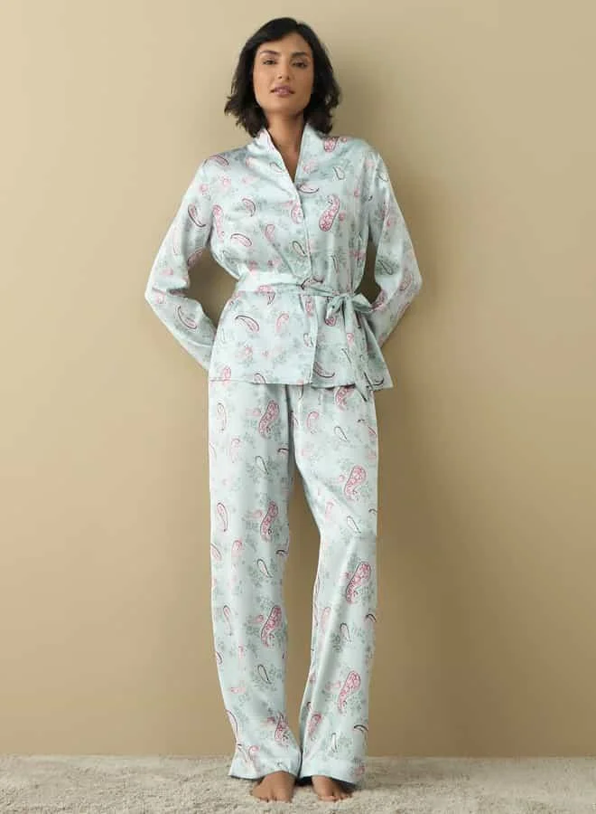 سبلاش فيڤ All-Over Paisley Print Shirt with Belt Tie-Up and Pyjama Set