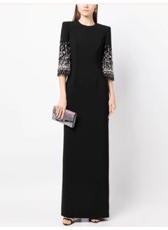 Madam Uniq Fashionable Black Midi Long Dress with Beading and Rhinestones - Elegant Evening Gown  - Image 1