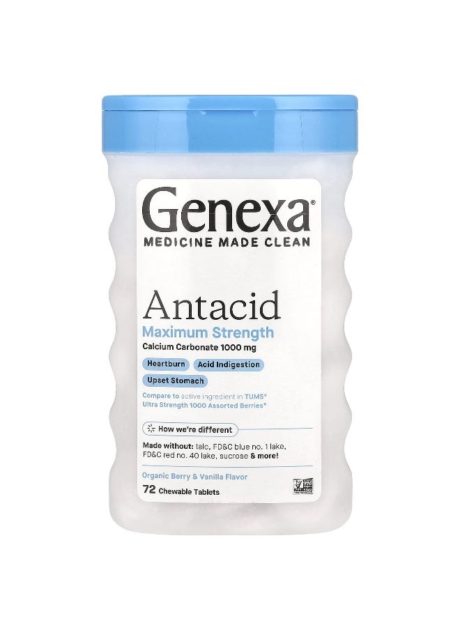 Genexa Genexa, Antacid, Maximum Strength, Organic Berry & Vanilla, 1,000 mg, 72 Chewable Tablets  - Image 1