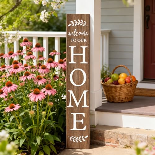 Cpcdaosk Welcome Sign for Front Porch, 47" Large Wooden Welcome to Our Home Sign Door Hanging Standing Plaque, Farmhouse Vertical Outdoor Porch Decorations for Yard Patio Entrance (Natural) - Image 2