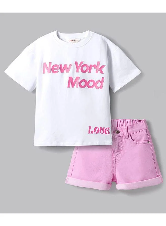Primo Gino Primo Gino 100% Cotton French Terry Knit Oversized Text Printed T-Shirt and Shorts Set - White and Pink