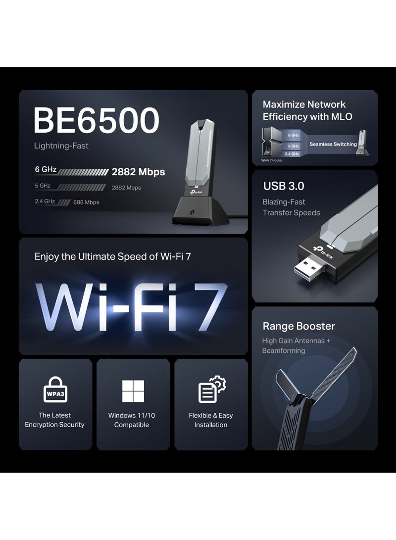 تي بي لينك محول USB ثلاثي النطاق عالي الكسب Archer TBE400UH BE6500 Wi-Fi 7 | نطاق 6 جيجاهرتز، قناة 160 ميجاهرتز | عملية متعددة الروابط | سرعات نقل USB 3.0 | معزز نطاق مع هوائيات عالية الكسب + تشكيل الشعاع - Image 4