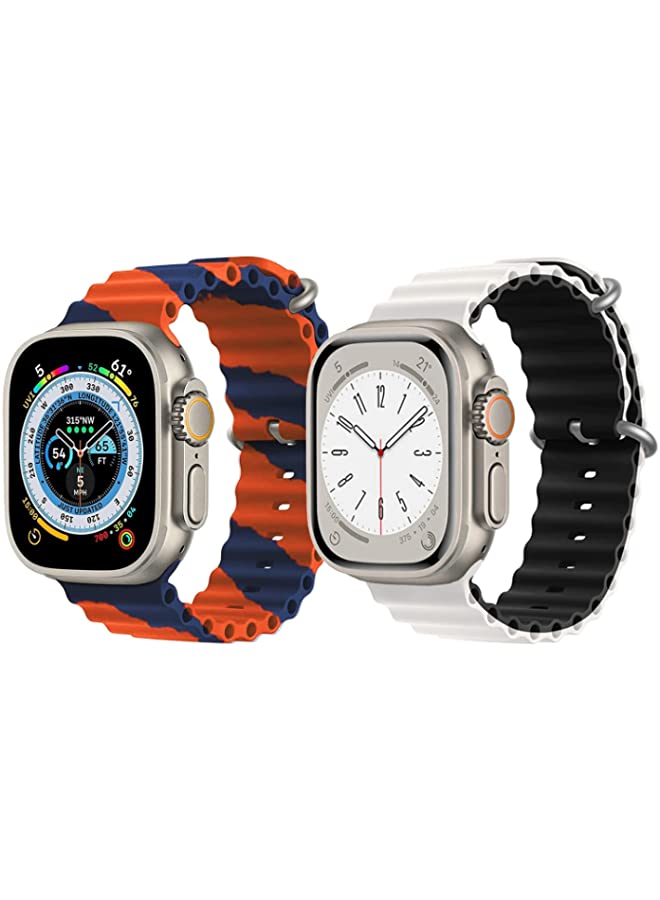 IAF Silicone Ocean Band Strap for Apple Watch Ultra 8 49mm Orange/Blue Double Line Strap with White/Black Double Side Strap Set of 2
