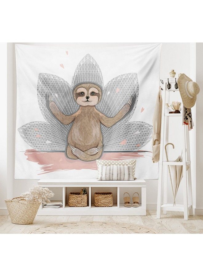 Ambesonne Sloth Tapestry Little Sloth Lotus Flower Yoga Asana Positions Fun Wall Hanging For Bedroom Living Room Dorm Decor 40" X 60" Pink Brown Grey - Image 3