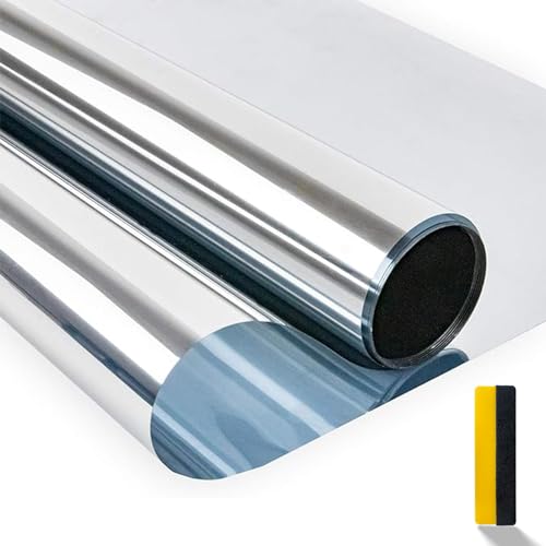 Zindoo One Way Window Film Privacy Reflective Window Film Anti Glare Sunlight Blocking Film Heat Reducing Window Tint Film UV Blocker Mirror Window Sticker Adhesive for Home Office 90x400cm