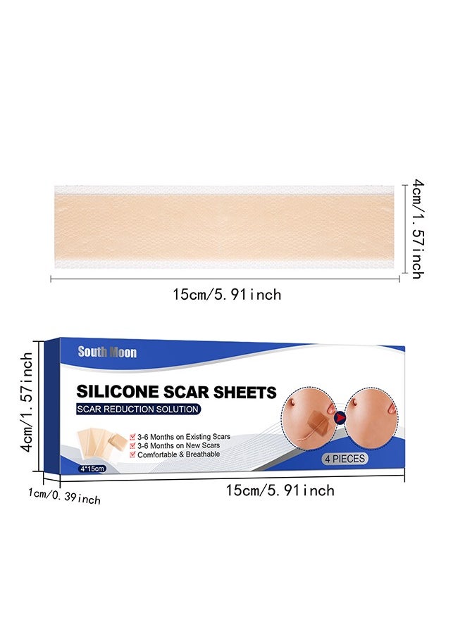 SOUTH MOON - 4Pieces Professional Silicone Scar Sheets, Scar Removal Patch, Soften and Flattens Scars Resulting from Surgery, Injury, Burns, Hypertrophic, C-Section and More, Soft Silicone Scar Strips 4x15cm - Image 1