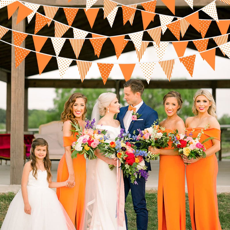 pinkblume 32Ft Orange Stripe Dot Triangle Flag Fabric Banner Cotton Pennant Garland Bunting Streamer for Fall Decor Autumn Wedding Birthday Party Thanksgiving Day Home Nursery Outdoor Garden Hanging Decoration - Image 5