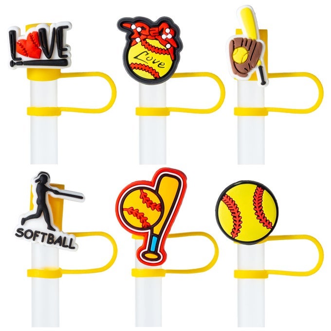 6PCS SOFTBALL STRAW COVER CAP FOR STANLEY CUP ACCESSORIES 10MM CUTE BLACK DRINKING STRAW TOPPER FOR 40OZ 30OZ STANLEY TUMBLER DUSTPROOF REUSABLE STRAW TIPS VALENTINES DECOR GIFTS FOR WOMEN