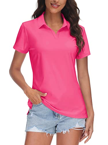 TACVASEN V Neck Polo for Women UV Protection Polos Golf Shirt UPF 50+ Collared Shirts Dry Fit Breathable Tops, Rose Red, M - Image 1
