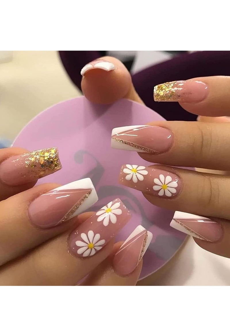 Excefore Press on Nails, 24PCS Glossy French Tips Square Shape Glue Flower Glitter Sequins Gradient Pink Full Cover Fake Nails with Designs, Acrylic False for Women Girls DIY Manicure - Image 1