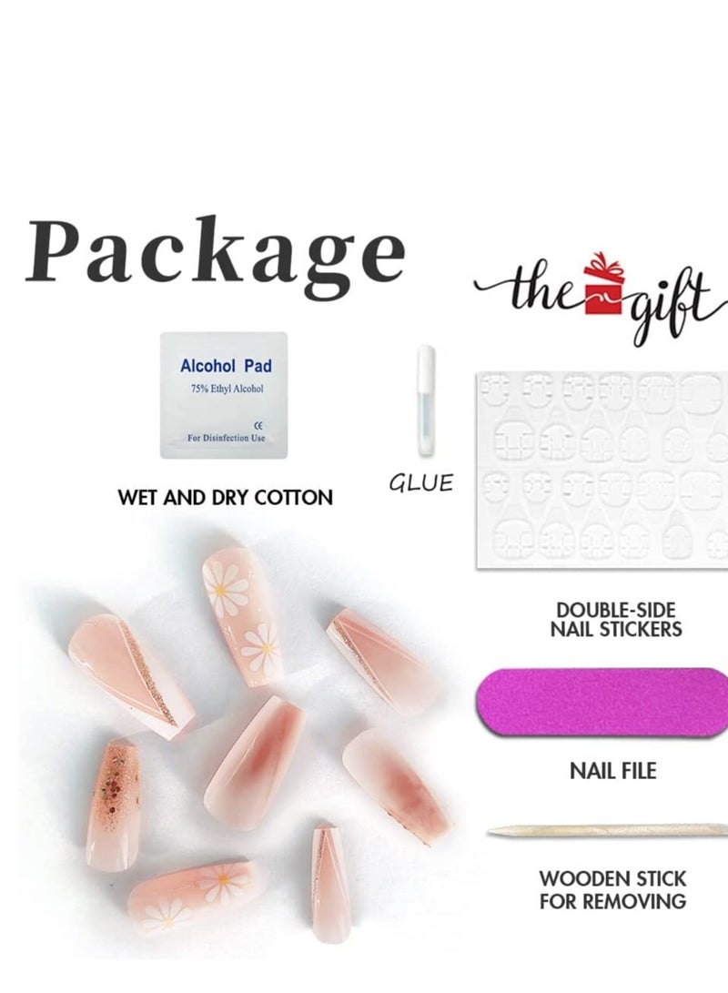 Excefore Press on Nails, 24PCS Glossy French Tips Square Shape Glue Flower Glitter Sequins Gradient Pink Full Cover Fake Nails with Designs, Acrylic False for Women Girls DIY Manicure - Image 3