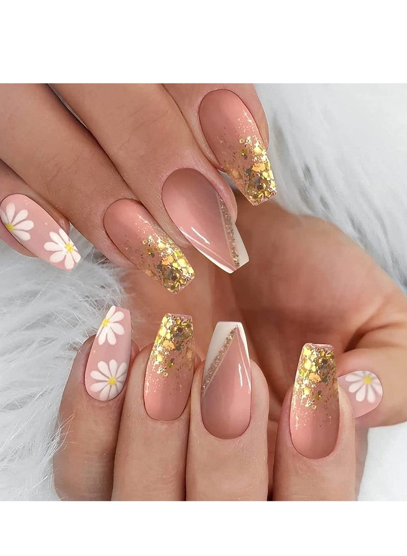 Excefore Press on Nails, 24PCS Glossy French Tips Square Shape Glue Flower Glitter Sequins Gradient Pink Full Cover Fake Nails with Designs, Acrylic False for Women Girls DIY Manicure - Image 2