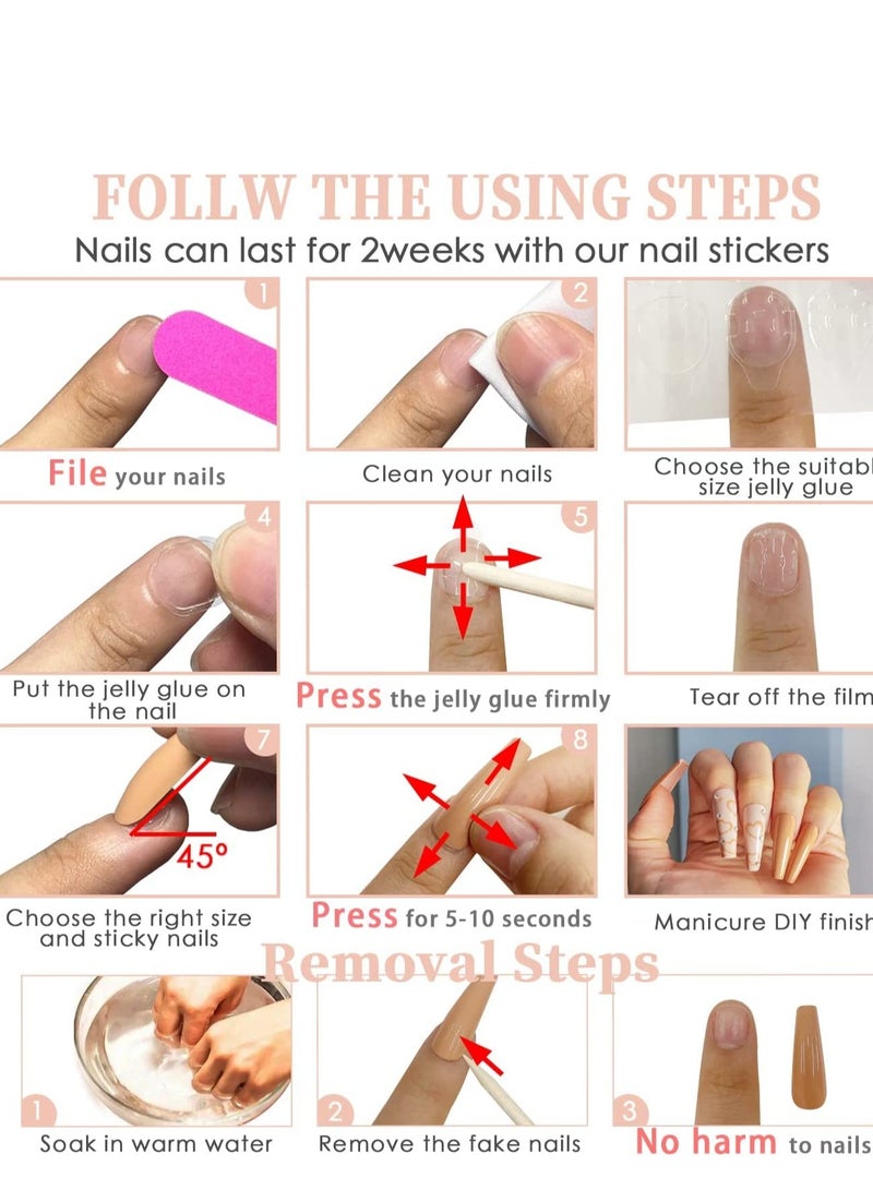 Excefore Press on Nails, 24PCS Glossy French Tips Square Shape Glue Flower Glitter Sequins Gradient Pink Full Cover Fake Nails with Designs, Acrylic False for Women Girls DIY Manicure - Image 4