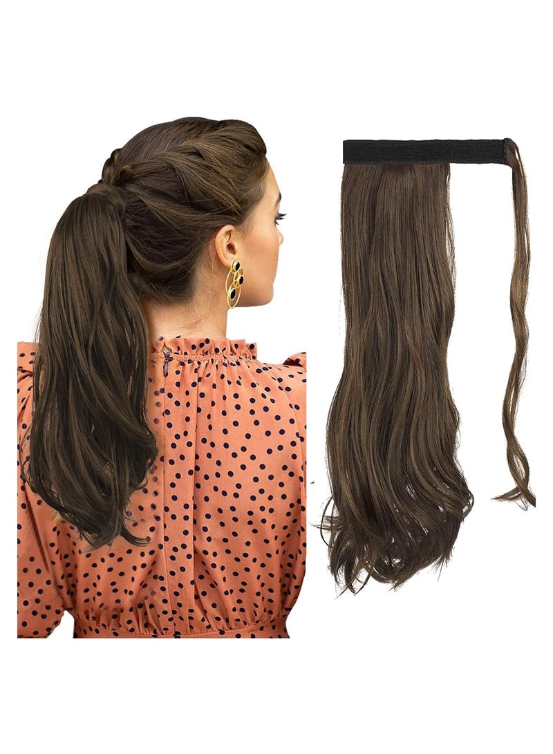 إستيل وصلة ذيل حصان مجعد 15 بوصة مقاومة للحرارة من الشعر الاصطناعي الطبيعي المتموج قطعة ملفوفة حول وصلات شعر ذيل الحصان للنساء بني داكن مزيج بني داكن مجعد - Image 1