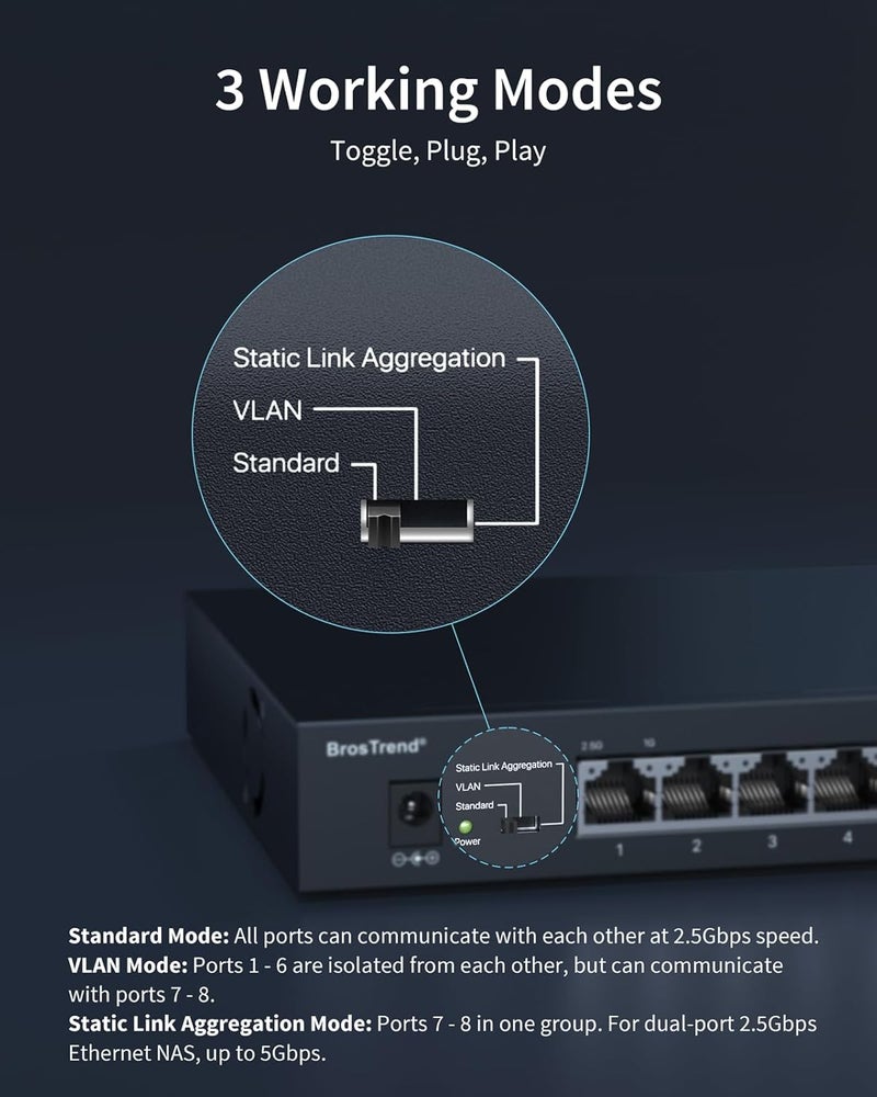 BrosTrend 8-Port 2.5G Ethernet Network Switch, Multi-Gigabit Unmanaged Switch Supports Static Link Aggregation / VLAN, Ethernet Splitter, Fanless, Metal, Desktop Wall-Mount Limited Lifetime Protection - Image 4