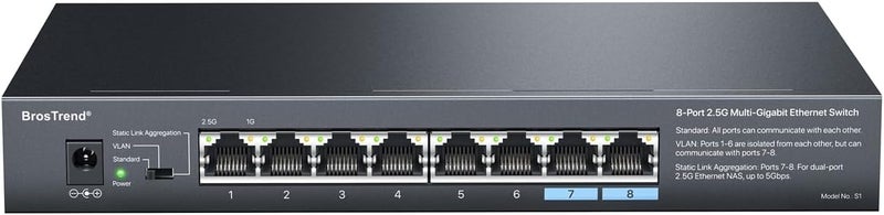 BrosTrend 8-Port 2.5G Ethernet Network Switch, Multi-Gigabit Unmanaged Switch Supports Static Link Aggregation / VLAN, Ethernet Splitter, Fanless, Metal, Desktop Wall-Mount Limited Lifetime Protection - Image 1