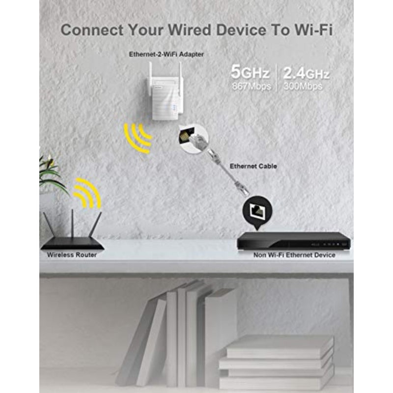 WiFi to Ethernet Adapter for Smart TV/Printer/Gaming Console, ABS Plastic, Black, Dual Band 1200Mbps Wireless Bridge with Easy Setup - Image 2