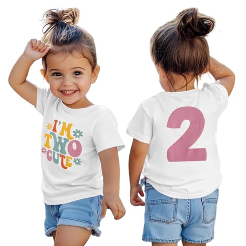 KEKEMI Birthday Shirt for Toddler Girl I’M Two Cute Birthday Girl T-Shirt 2T B-Day Party Outfit Short Sleeve Tee Tops Clothes(White,2T) - Image 1