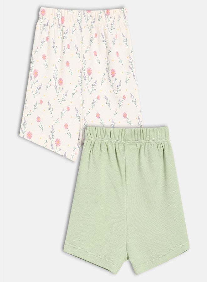 miniklub Cotton Floral Printed & Solid Shorts,Pack of 2,White & Green(6-9M) - Image 2