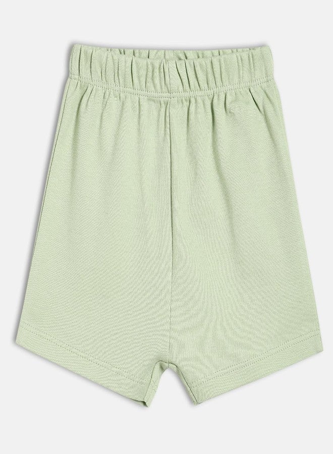 miniklub Cotton Floral Printed & Solid Shorts,Pack of 2,White & Green(6-9M) - Image 3