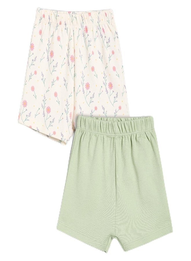 miniklub Cotton Floral Printed & Solid Shorts,Pack of 2,White & Green(6-9M) - Image 1