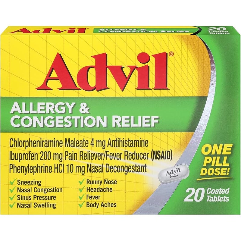 Advil Allergy & Congestion Relief (20 Count), Antihistamine, 200mg Ibuprofen Pain Reliever/Fever Reducer & Nasal Decongestant, One Tablet Dose - Image 1