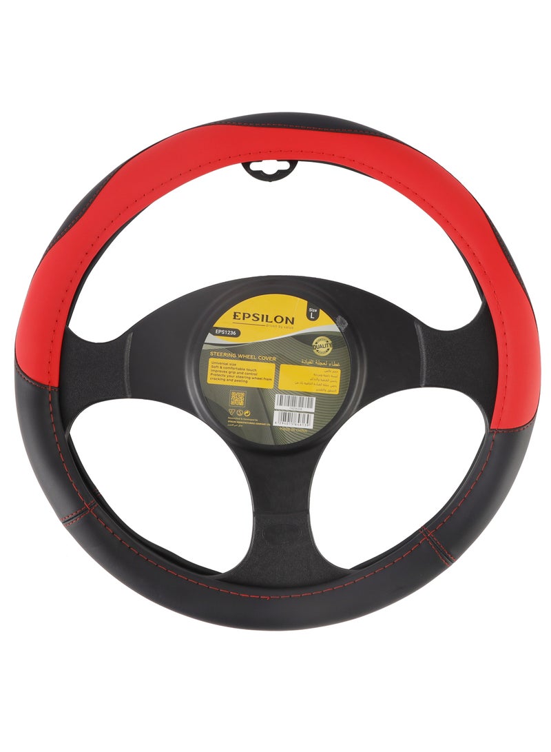 Epsilon Steering Wheel Cover- EPS1236 Size: L With Leather Touch for Improved Control and Grip Perfect for Protecting your Steering Wheel From Cracking and Peeling Black and red  - Image 1