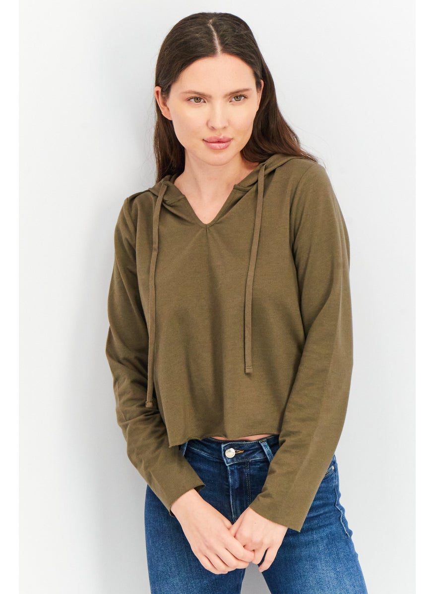Forever Comfort By NYDJ Women Hooded Pull Over Long Sleeve Cropped Sweatshirts, Moss  - Image 1