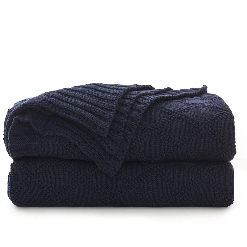 Longhui bedding Navy Blue Cotton Knit Throw Blanket for Couch Sofa Bed  Home Decorative Soft Cozy Sweater Woven Fall Cable Oversize Knitted Blankets  34 pounds 60 x 80 Inch