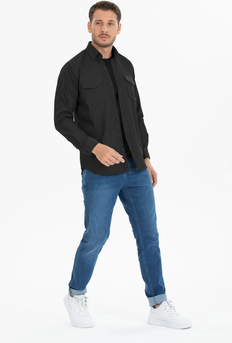 فاريتا Men's Smoked Double Pocket Plain Lycra Long Sleeve Denim Shirt