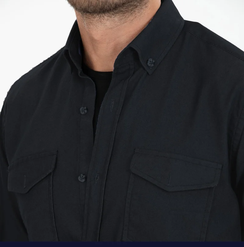 فاريتا Men's Smoked Double Pocket Plain Lycra Long Sleeve Denim Shirt