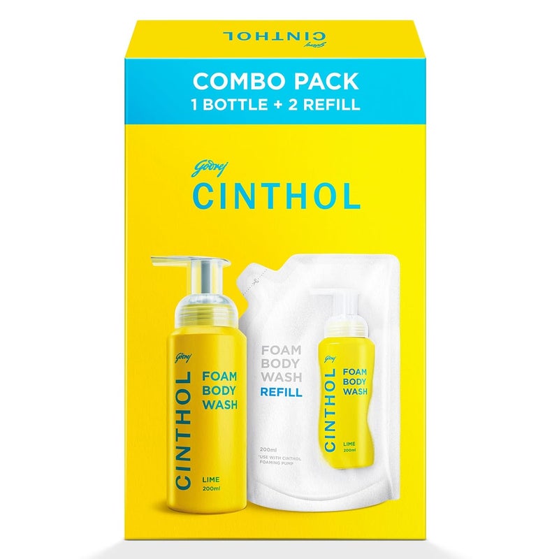 Cinthol غسول الجسم بالفوم من سينثول بنكهة الليمون - عبوة كومبي 600 مل زجاجة واحدة و 2 إعادة تعبئة - تركيبة فوم فريدة لبشرة رطبة وناعمة بشكل لا يقاوم مناسبة لجميع أنواع البشرة - Image 1