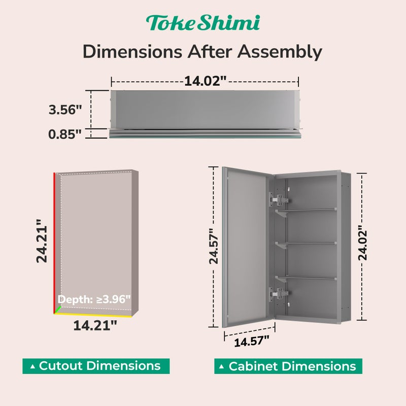 TokeShimi 14x24 Bathroom Mirror with Storage Tempered, Aluminum Silver Recessed Medicine Cabinet with Mirror Frameless Stepless Adjustable Shelf, Surface Mount Medicine Cabinet for Bathroom - Image 2