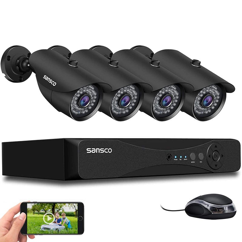 SANSCO نظام كاميرات المراقبة SANSCO 8 قناة 5MP DVR مع (4) كاميرات خارجية سوبر HD بدقة 2MP (1920x1080، مقاومة للتخريب IP66، رؤية ليلية محسّنة، عرض سريع عبر التطبيق) - بدون قرص صلب - Image 1