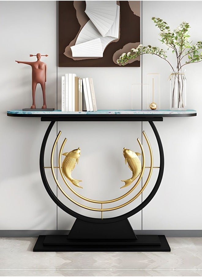 C&C Home - Modern Half Moon Shape Design with Metal Fishes Rustproof Rock Slab Tabletop Contemporary Console Table Metal Base Entryway Table Display Table Against the Wall Porch Table Pedestal for Foyer Living Room Home Offices 120x30x80 cm - Image 1