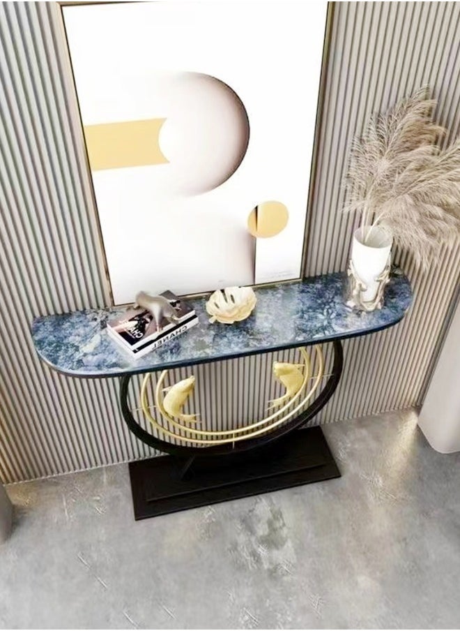 C&C Home - Modern Half Moon Shape Design with Metal Fishes Rustproof Rock Slab Tabletop Contemporary Console Table Metal Base Entryway Table Display Table Against the Wall Porch Table Pedestal for Foyer Living Room Home Offices 120x30x80 cm - Image 1