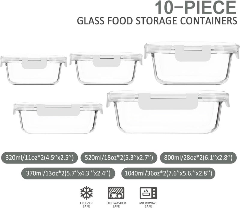 M MCIRCO 10-Pack Glass Food Storage Container with Lids, Airtight Lunch Bento Boxes, Glass Meal Prep Container,Microwave, Oven, Freezer and Dishwasher Friendly, White - Image 2