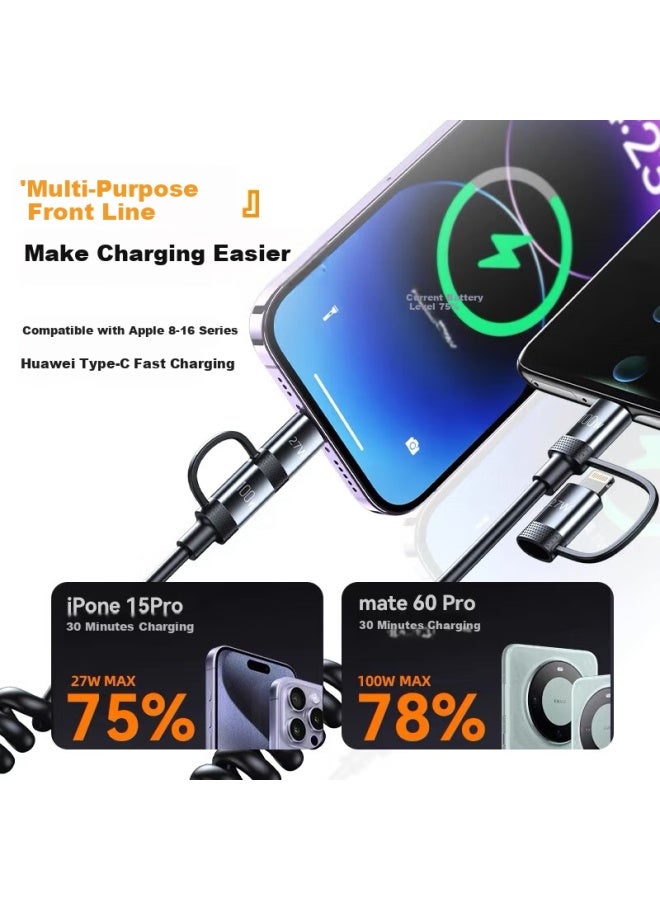 Jowoye Car Spring 4-In-1 6A Super Fast Charge Huawei Data Cable 100W Android Ipad/Iphone 16 Apple Computer Charging Cable Electric Motorcycle Carplay Cable - Image 5