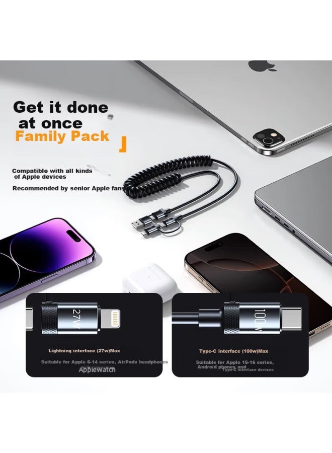 Jowoye Car Spring 4-In-1 6A Super Fast Charge Huawei Data Cable 100W Android Ipad/Iphone 16 Apple Computer Charging Cable Electric Motorcycle Carplay Cable - Image 3