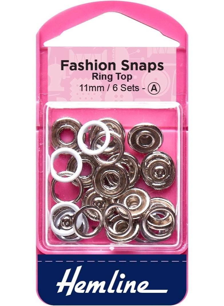 Hemline 11mm Ring Top Snaps - White, 6 Sets for Sewing, Crafts, and Mending (445.WH)