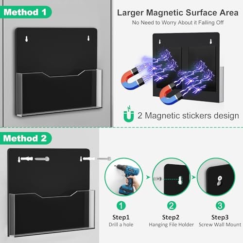 ZHIDIAN Acrylic Magnetic Wall File Organizer Clear Black Acrylic Hanging Wall File Holder Wall Mount Folder Mail Document Holder for Office Fridge Whiteboard 2Pack - Image 3