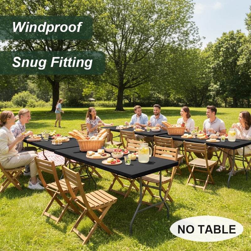 LUSHVIDA Fitted Rectangle Tablecloths, 6 Packs Elastic Vinyl Table Cloth with Flannel Backing for 6ft Folding Tables, Waterproof Table Covers for Indoor Outdoor Picnic and Camping, 30x72 inch, Black - Image 2