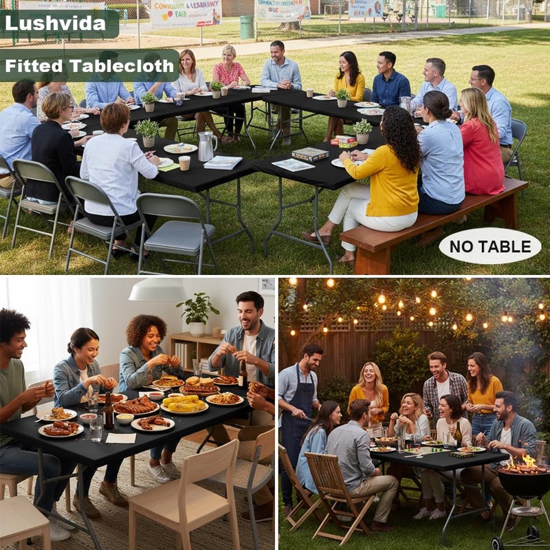 LUSHVIDA Fitted Rectangle Tablecloths, 6 Packs Elastic Vinyl Table Cloth with Flannel Backing for 6ft Folding Tables, Waterproof Table Covers for Indoor Outdoor Picnic and Camping, 30x72 inch, Black - Image 3