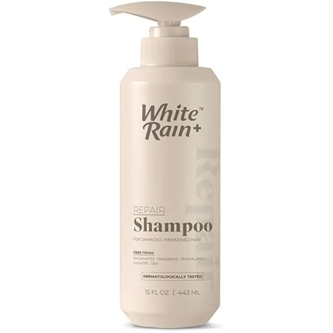 White Rain+ Repair Shampoo, Keratin, Collagen, Biotin and Argan Oil, Strengthens & Repairs Damaged Hair, Adds Shine and Smoothness, Sulfate-Free Hair Shampoo for Women and Men, 15 fl oz