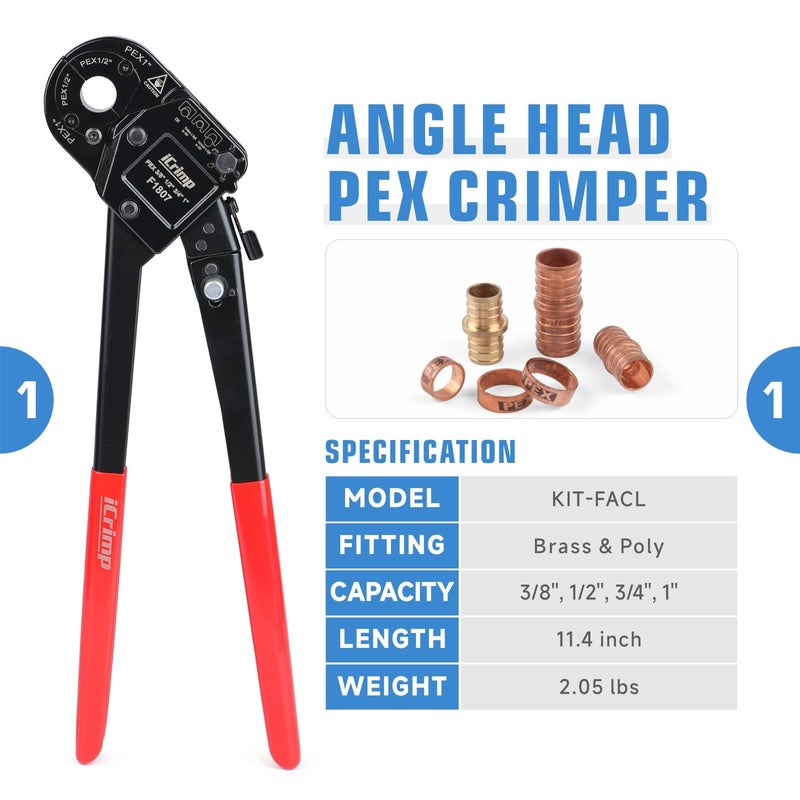 iCrimp KIT-FACL PEX Crimping Tool Kit for Crimping & Removal 1/2-in, 3/4-in, 1-in PEX Copper Crimp Ring, with PEX Tubing Cutter, Corner Operation Friendly - Image 2