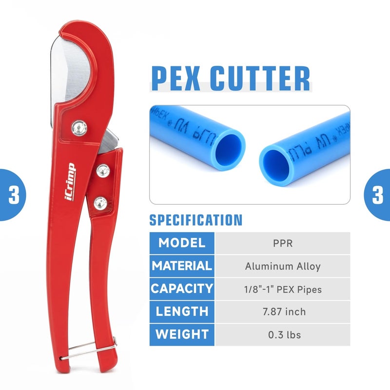 iCrimp KIT-FACL PEX Crimping Tool Kit for Crimping & Removal 1/2-in, 3/4-in, 1-in PEX Copper Crimp Ring, with PEX Tubing Cutter, Corner Operation Friendly - Image 4