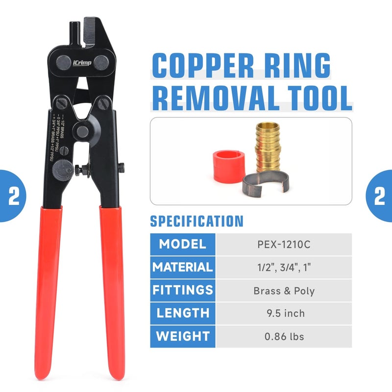 iCrimp KIT-FACL PEX Crimping Tool Kit for Crimping & Removal 1/2-in, 3/4-in, 1-in PEX Copper Crimp Ring, with PEX Tubing Cutter, Corner Operation Friendly - Image 3