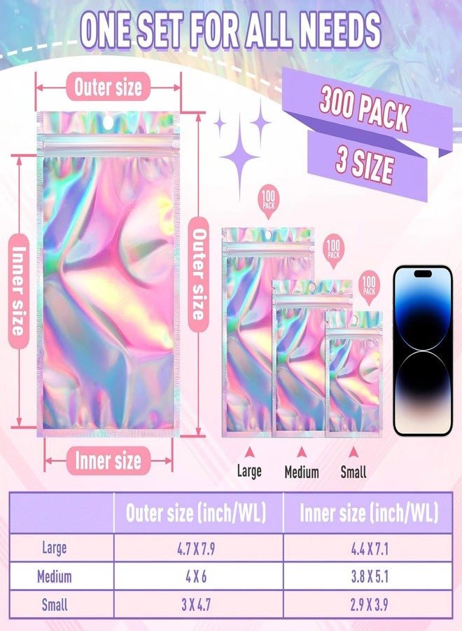 ANZNKU 300 Pack 3 Size Resealable Mylar Holographic Bags with Clear Front Window, Packaging Bags Smell Proof Bag Freshie Bag for Jewelry, Sample, Food(Holographic,3x4.7in,4x6in,4.7x7.9in) - Image 2