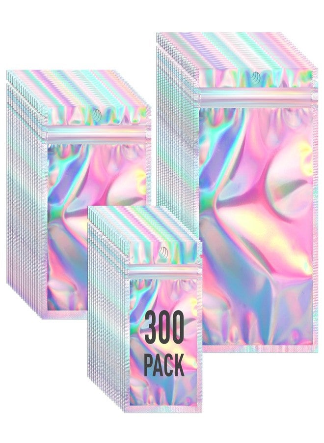 ANZNKU 300 Pack 3 Size Resealable Mylar Holographic Bags with Clear Front Window, Packaging Bags Smell Proof Bag Freshie Bag for Jewelry, Sample, Food(Holographic,3x4.7in,4x6in,4.7x7.9in) - Image 1