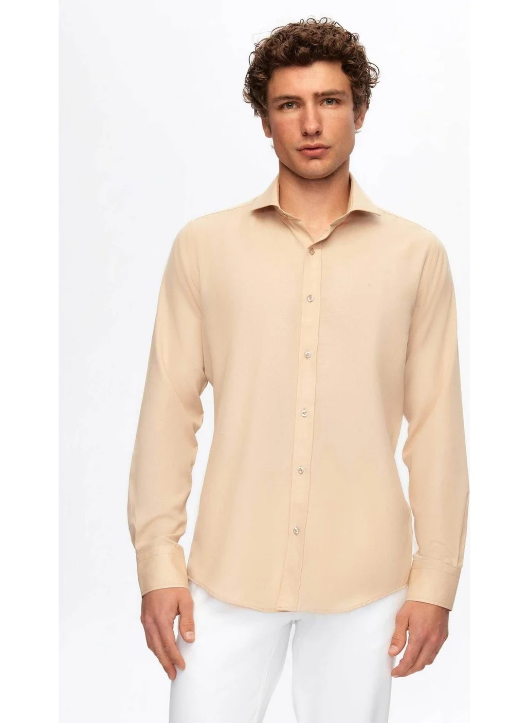 D'S DAMAT Slim Fit Beige Italian Collar Slim Cut Classic Tie Holder Long Sleeve Easy Iron Breathable A 2HF02ORT5185